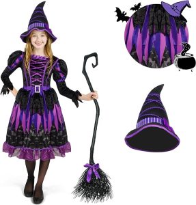 Spooktacular Creations Cute Green Witch Broom Costume - Birthday Gifts for 7-Year-Old Girls