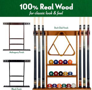 Iszy Billiards Pool Cue Rack - Billiard Stick Holder Only - 100% Wood Wall Mount Holds 6 Cues and a Full Set of Balls - Pool Accessories