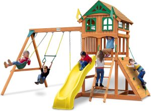 Gorilla Playsets 01-1063-Y Outing Wood Swing Set with Wood Roof & Yellow Slide, Amber