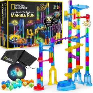 ATIONAL GEOGRAPHIC Glowing Marble Run – 80 Piece Construction Set with 15 Glow in the Dark Glass Marbles