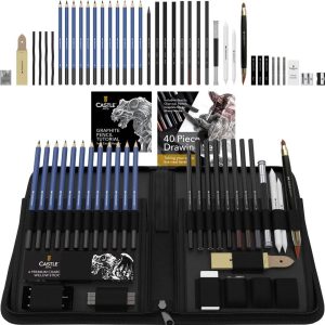 Castle Art Supplies Graphite Drawing Pencils and Sketch Set (40-Piece Kit), Complete Artist Kit Includes Charcoals, Pastels and Zippered Carry Case, Rare Pop-Up Stand