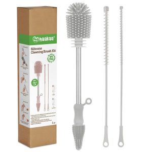 
haakaa Silicone Cleaning Brush Kit - SUVA Grey - Bottle Brush for Breast Pumps, Breast Milk Collector, Baby Bottles, Nipples, Breastmilk Storage Bags
