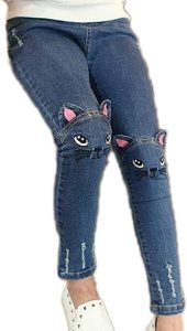 Big Girls Kids Distressed Ripped Hole Teens Jean Blue Cat Slim Denim Pants