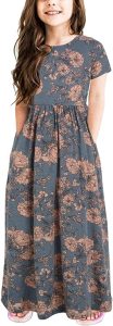 GORLYA Girl's Short Sleeve Floral Print Loose Casual Long Maxi Dress with Pockets 4-12 Years