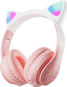 TOKANI Kids Headphones, Bluetooth Wireless Headphones for Kids Teens Adults, Over-Ear Bluetooth Headphones with Microphone, Cat Ear Headphones for Girls Women (New Pink