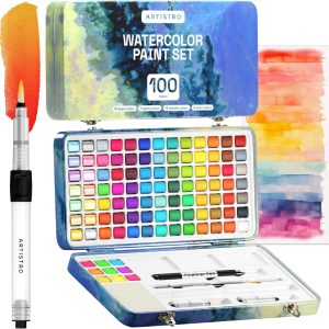 ARTISTRO Watercolor Paint Set, 100 Vivid Colors in Portable Box, Including Metallic, Fluorescent, Pastel Colors. Perfect Travel Watercolor Set for Artsits, Amateur, Hobbyists and Painting Lovers