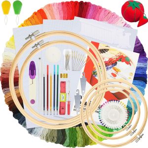 Similane Embroidery Kit 215 Pcs,100 Colors Threads,5 Pcs Embroidery Hoops,3 Pcs Aida Cloth,40 Sewing Pins,Cross Stitch Tools and Embroidery Starter Kit for Adults and Kids Beginners