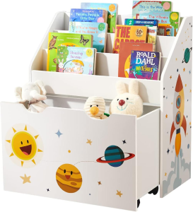 SONGMICS Kids Bookshelf, Toy Organizer, Chest and Bookcase with 3 Shelves, Storage Box with Wheels, Multipurpose, Space Theme