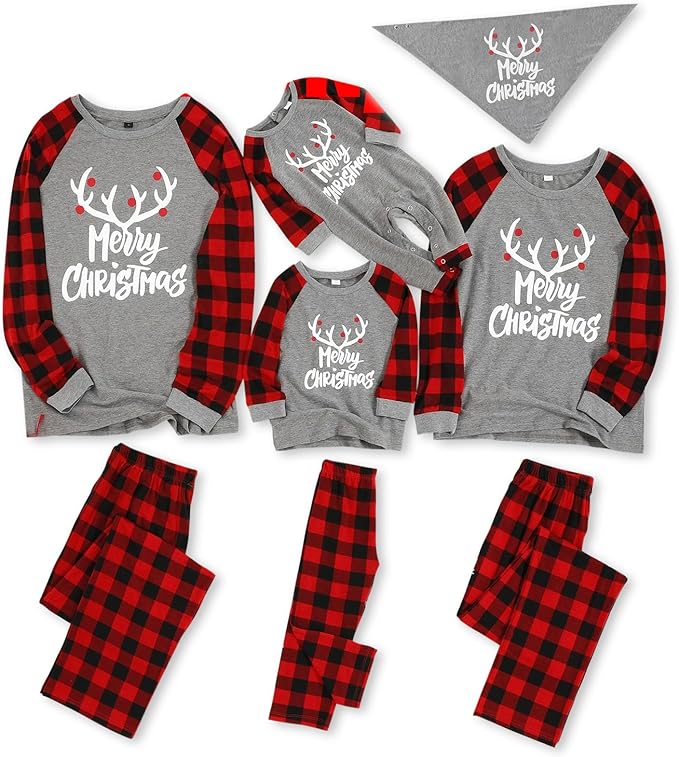 IFFEI Matching Family Pajamas Sets Christmas PJ's with Letter and Plaid Printed Long Sleeve Tee and Bottom Loungewear
