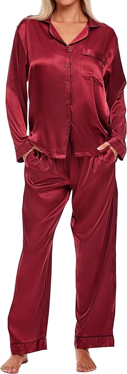 Alexander Del Rossa Women's Satin Pajamas Lounge Set, Long Sleeve Top, Pants with Pockets, Silk PJs with Matching Sleep Mask