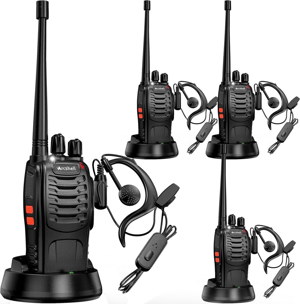Arcshell Rechargeable Long Range Two-Way Radios with Earpiece 4 Pack Arcshell AR-5 Walkie Talkies Li-ion Battery and Charger Included