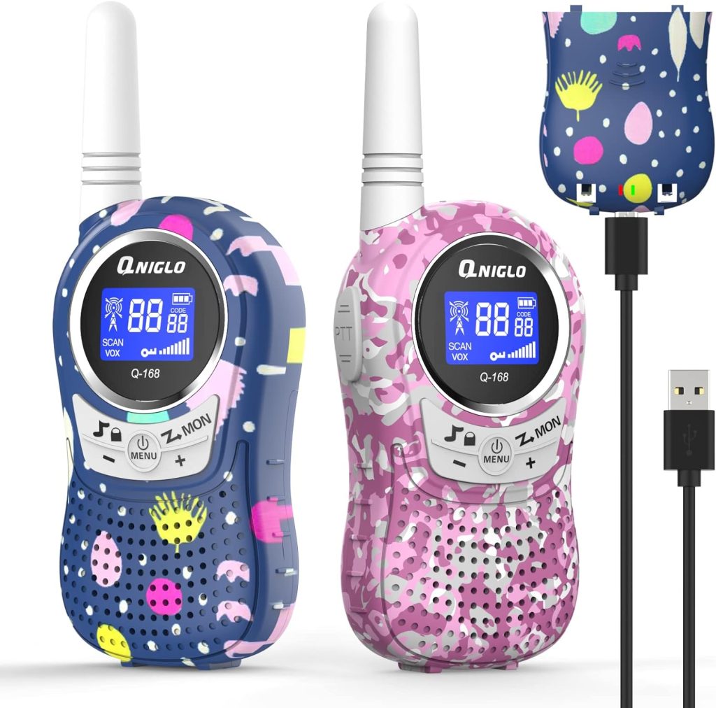 Qniglo Kids Walkie Talkies 2 Pack, Rechargeable Walkie Talkies for Kids/Adults, Long Range Walkie Talkie Radios with VOX for Outdoor Camping Game Xmas Toys Gifts for 4 5 6 7 8 9 10-Year-Old Girls Boys