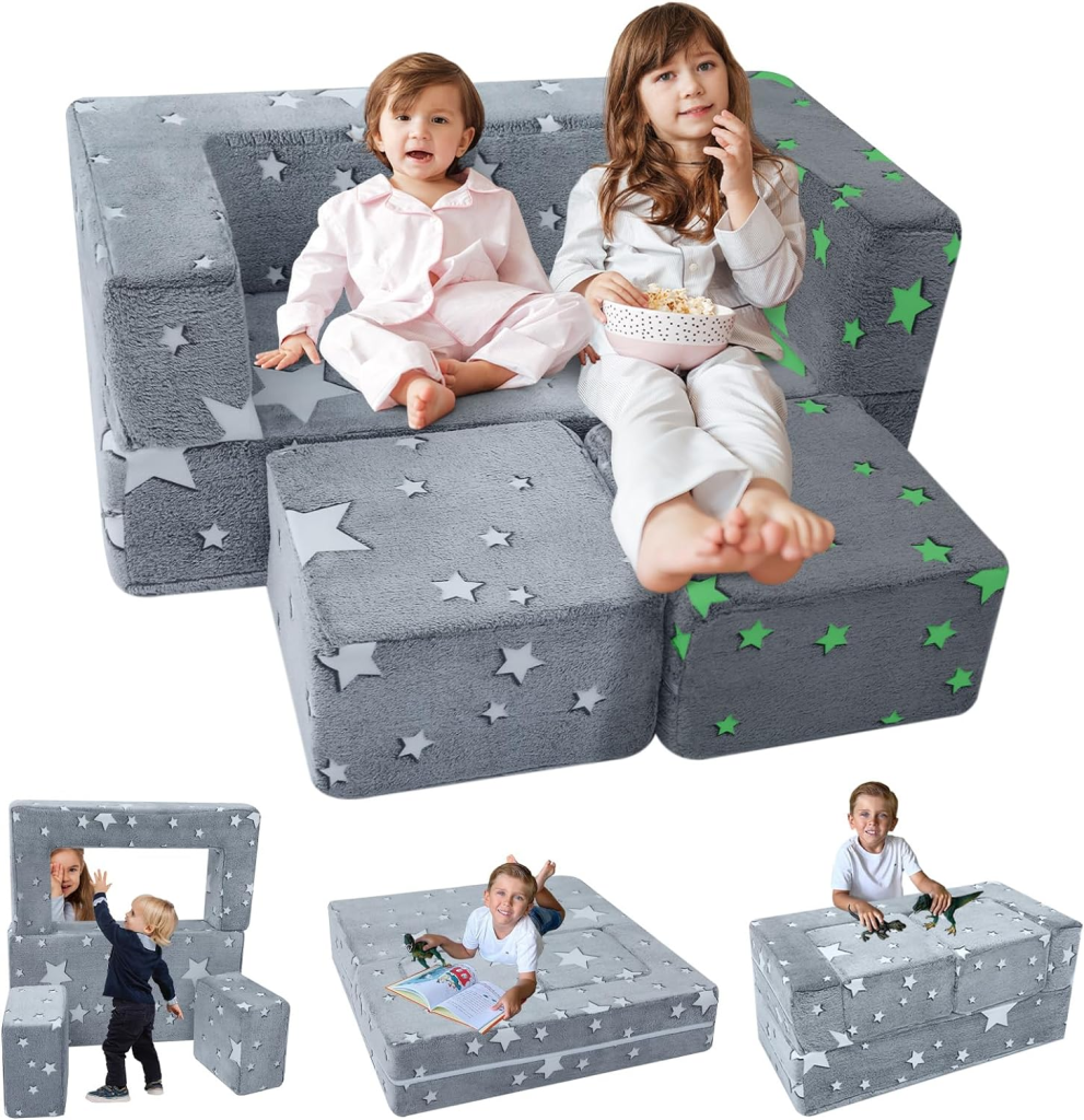MeMoreCool Kids Sofa Couch, Modular Star Baby Couch Glow in Dark, Toddler Fold Out Play Couch for Playroom Furniture, Grey