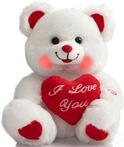HollyHOME Teddy Bear with Heart Plush Bear That Says I Love You and Blushes LED Stuffed Toys for Girlfriend and Kids Valentine's Day 13 inch White